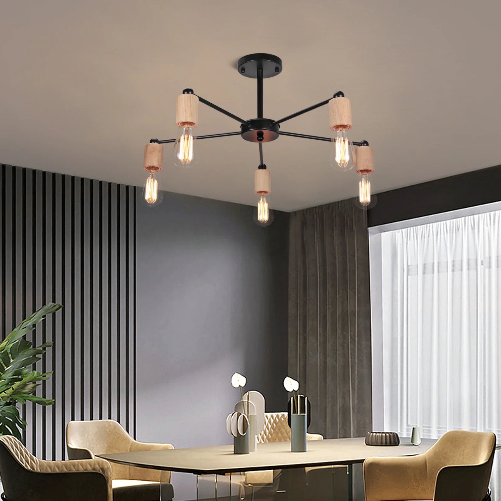 Modern Wood and Iron Sputnik Industrial Chandelier