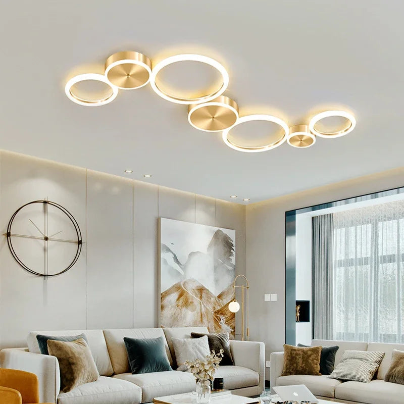 Modern LED Ceiling Light Fixture - Simple Aluminum Chandelier for Living Room, Bedroom, Dining Room - Golden Circle Rings Ceiling Light