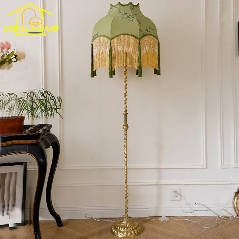 Retro Copper Floor Lamp with Zen Art Decorative Pendants