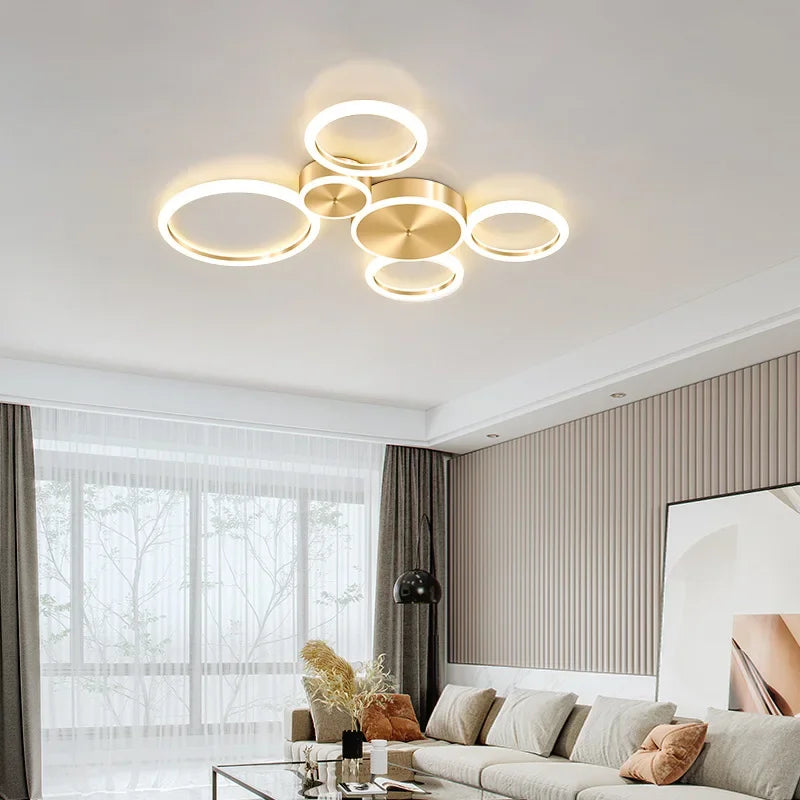 Modern LED Ceiling Light Fixture - Simple Aluminum Chandelier for Living Room, Bedroom, Dining Room - Golden Circle Rings Ceiling Light