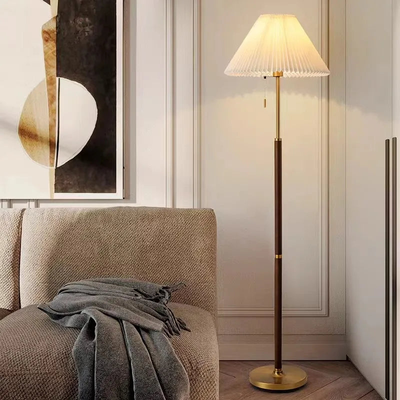 Elegant Vintage Wooden Floor Lamp with Pleated Fabric