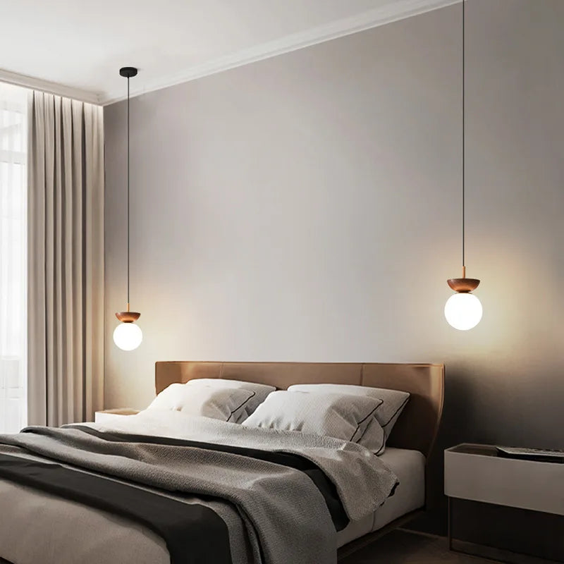 Nordic Round LED Ceiling Light with Wood Grain and Glass Shade