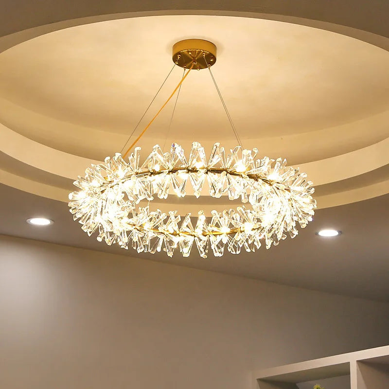 Adjustable Round Clear Crystal LED Pendant Light with Gold Wire