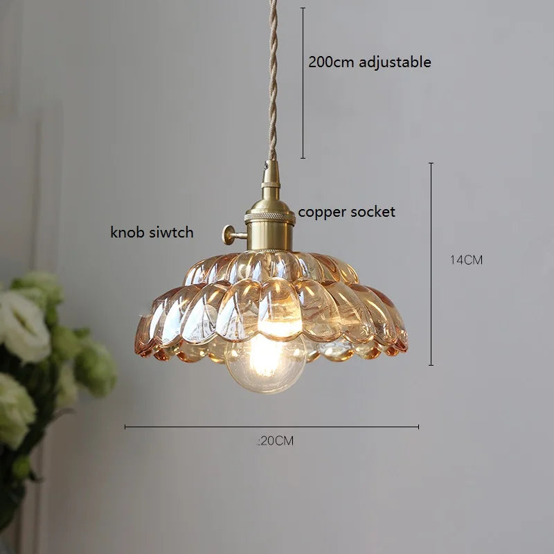Vintage LED Pendant Light with Wooden Handle and Glass Shade