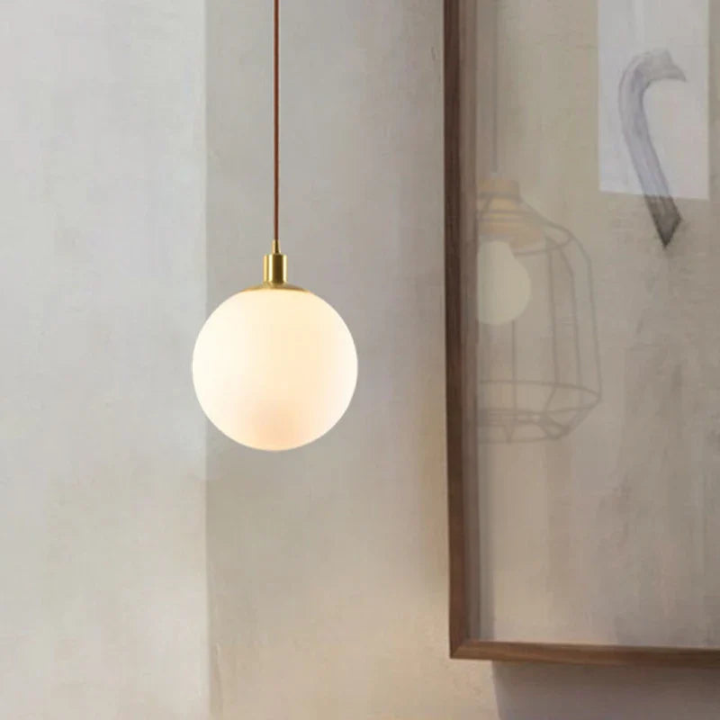 Minimalist Brass Suspension Light with Milky Glass Orb