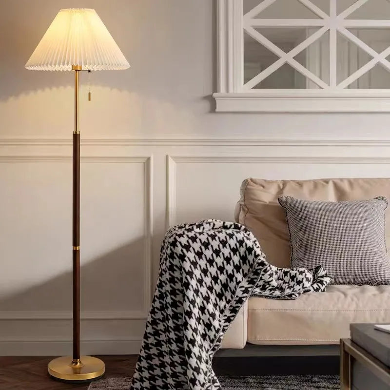 Elegant Vintage Wooden Floor Lamp with Pleated Fabric