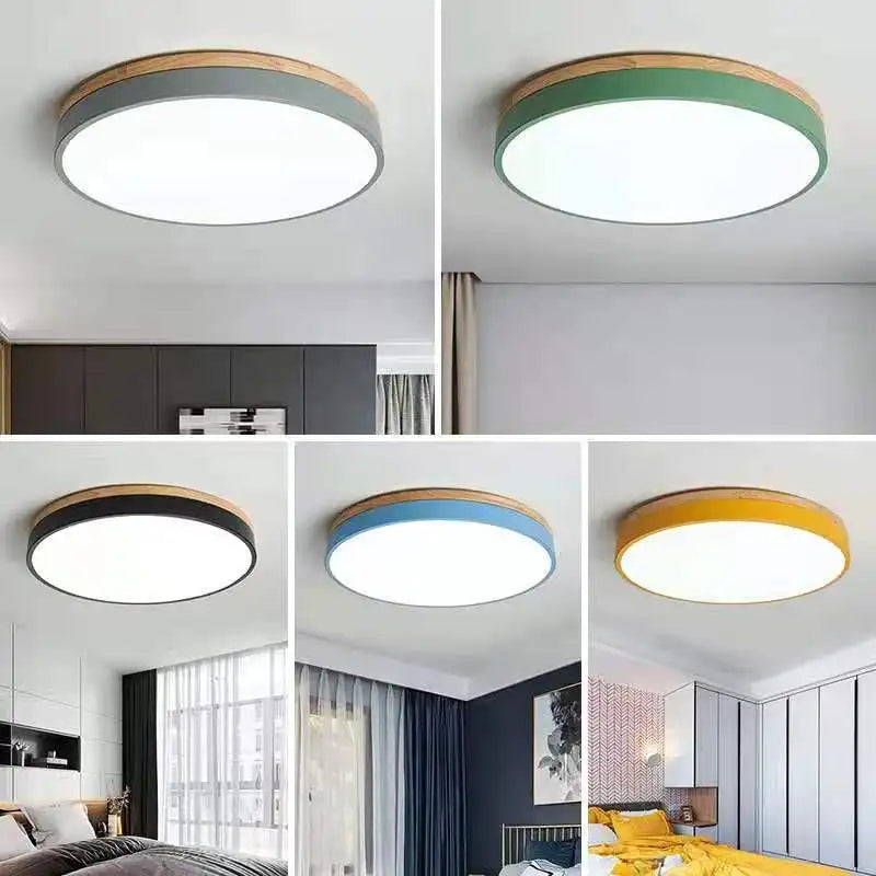 Nordic Round 7-Color LED Ceiling Lights for Living Room, Bedroom, Adjustable Color 3-Light Wooden Fixtures for Hallway, Balcony