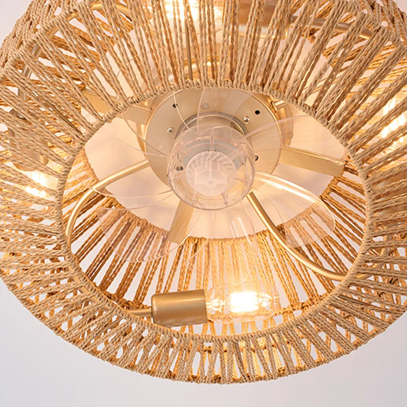 Vintage Rattan Ceiling Fan with Light and Remote Control