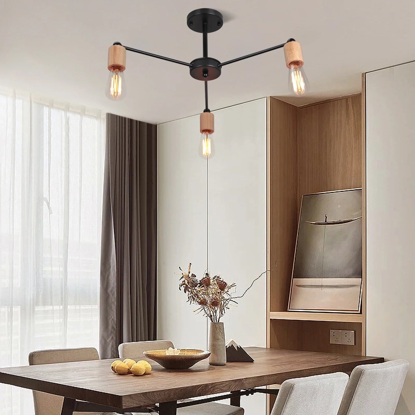 Modern Wood and Iron Sputnik Industrial Chandelier