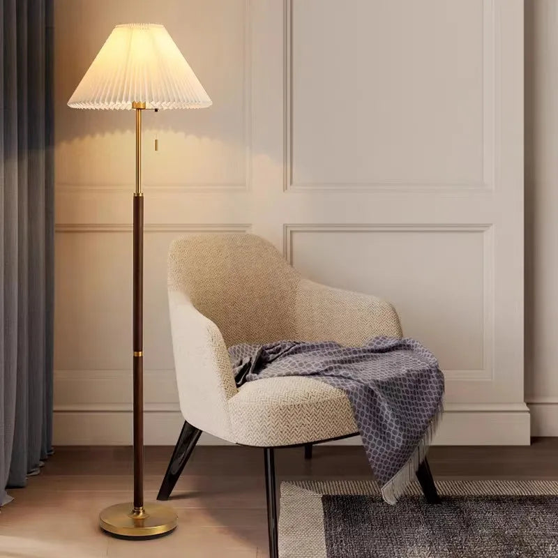 Elegant Vintage Wooden Floor Lamp with Pleated Fabric