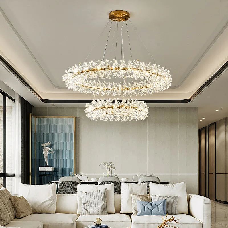 Adjustable Round Clear Crystal LED Pendant Light with Gold Wire