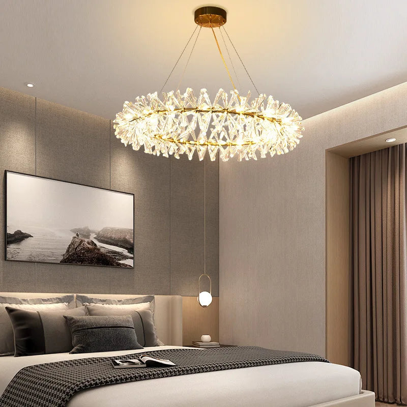 Adjustable Round Clear Crystal LED Pendant Light with Gold Wire