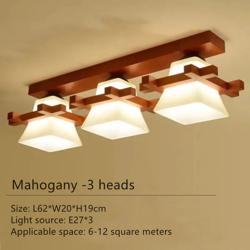 Japanese LED Ceiling Light with Glass Shade and Wooden Base