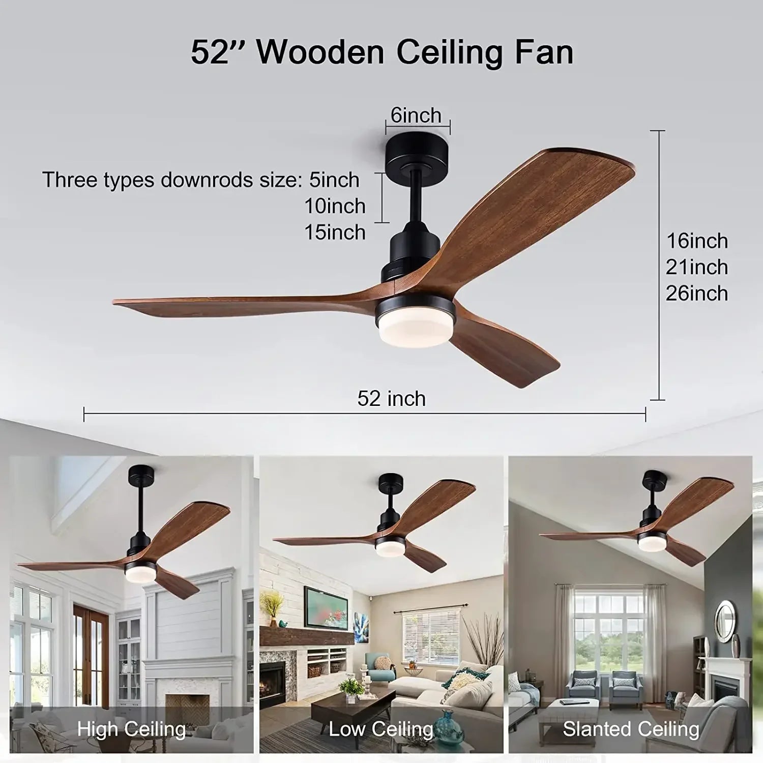 3-Blade Wooden Ceiling Fan with Light and Remote Control