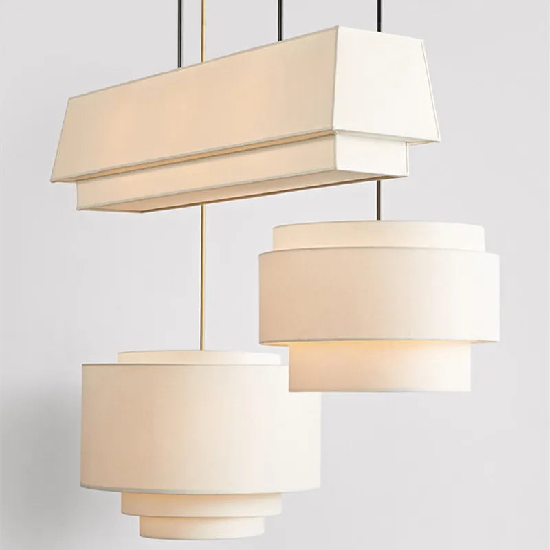 Camden Multi-Level Japanese Style Pendant Light - Minimalist Fabric Shade Designer Chandelier for Living Room & Kitchen Counter Lighting