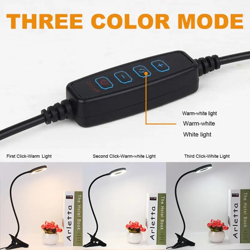 48 LED USB Clip Desk Lamp, 360° Flexible Eye Protection Reading Light with 3 Brightness Levels