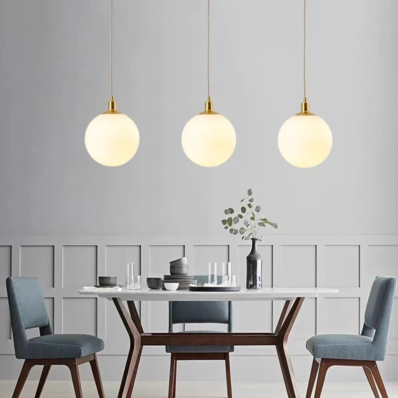 Minimalist Brass Suspension Light with Milky Glass Orb