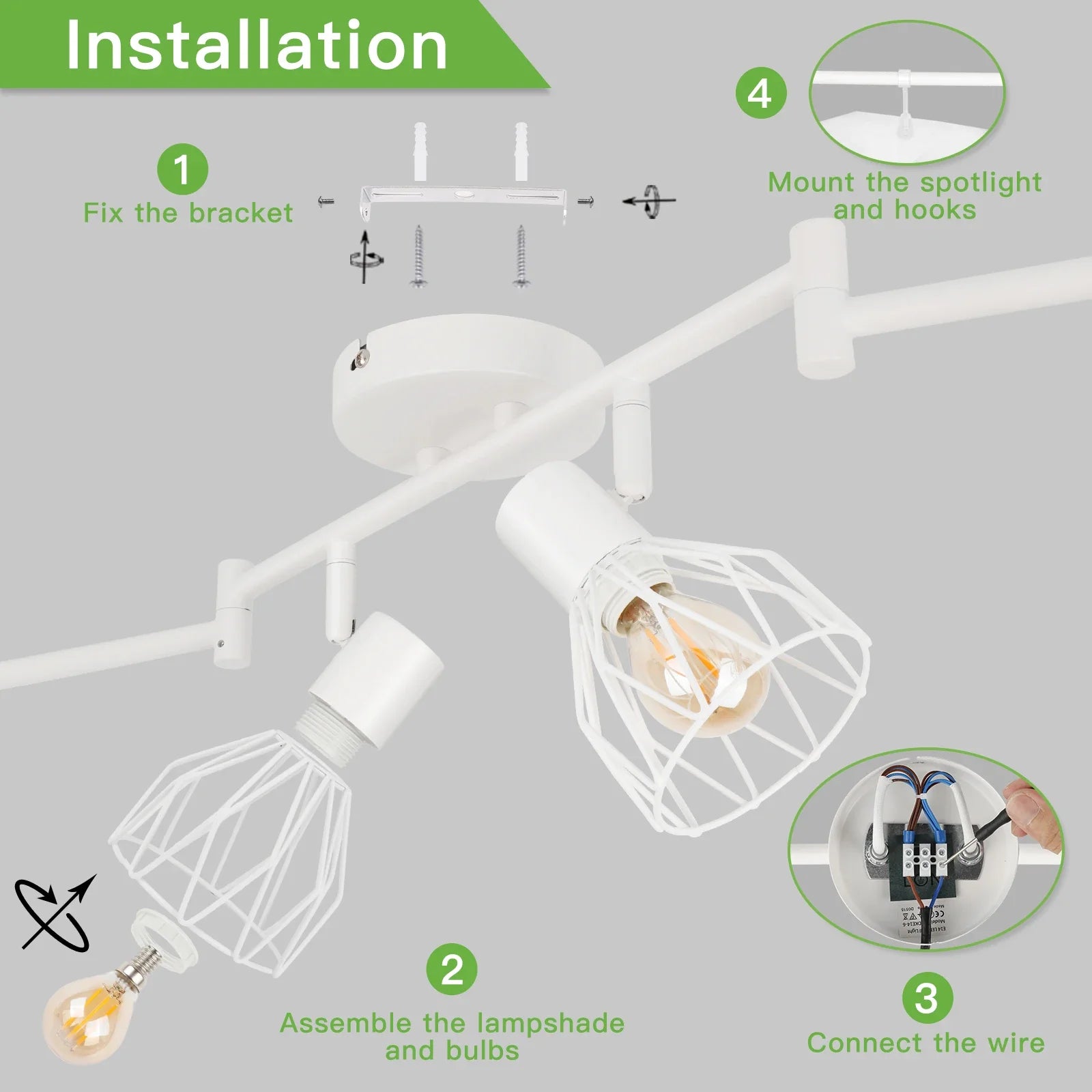 Rotatable 6-Way LED Ceiling Light - Black/White Metal Cage E14
