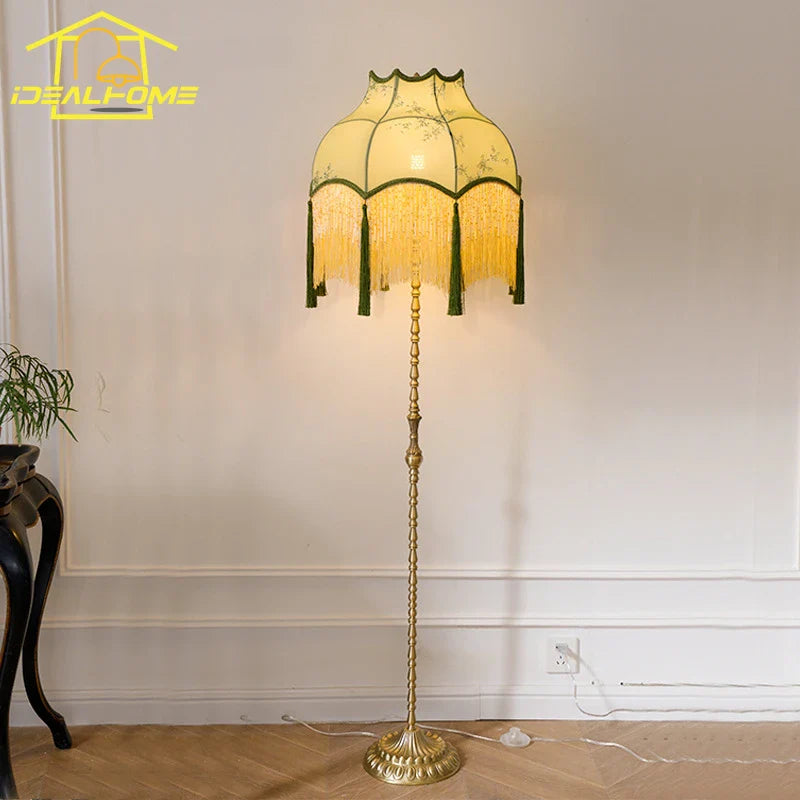 Retro Copper Floor Lamp with Zen Art Decorative Pendants