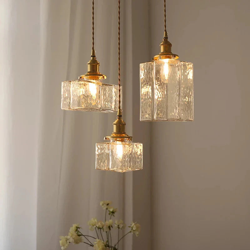 Vintage Glass Square Pendant Light with LED Shade for Dining Room and Bedroom