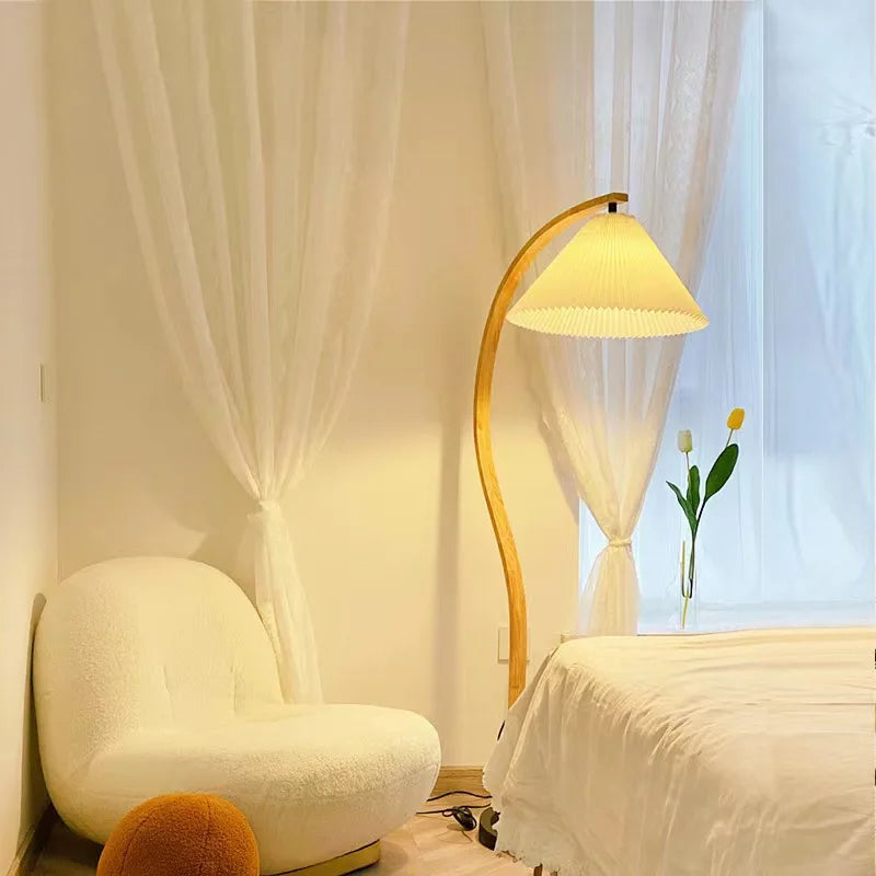 Natural Wood and Walnut Pleated LED Floor Lamp