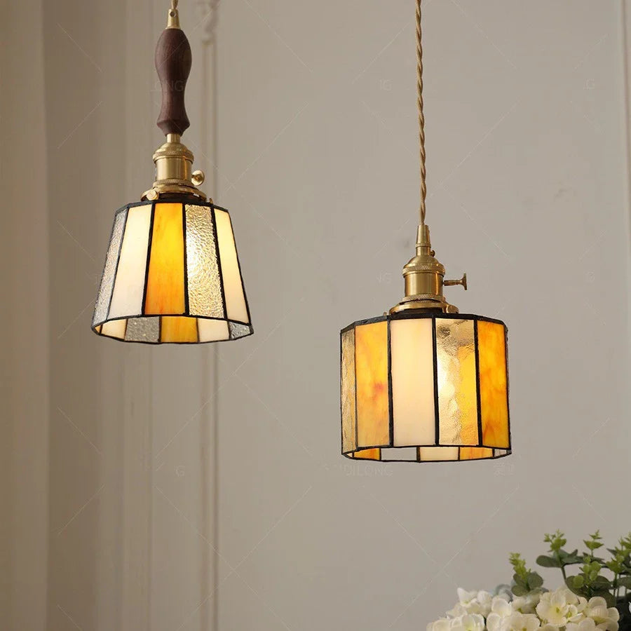 Vintage Japanese Style Pendant Light with Copper Socket and Glass Shade