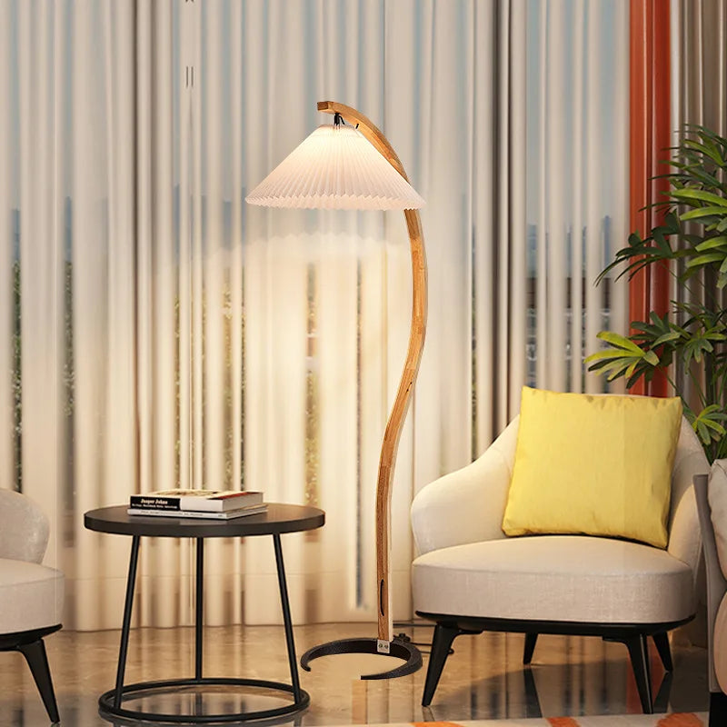 Natural Wood and Walnut Pleated LED Floor Lamp
