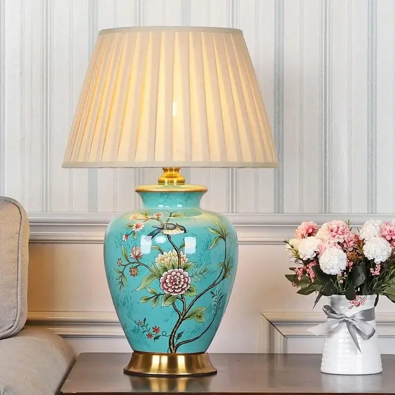 Nordic Ceramic Desk Lamp with Flower and Bird Design