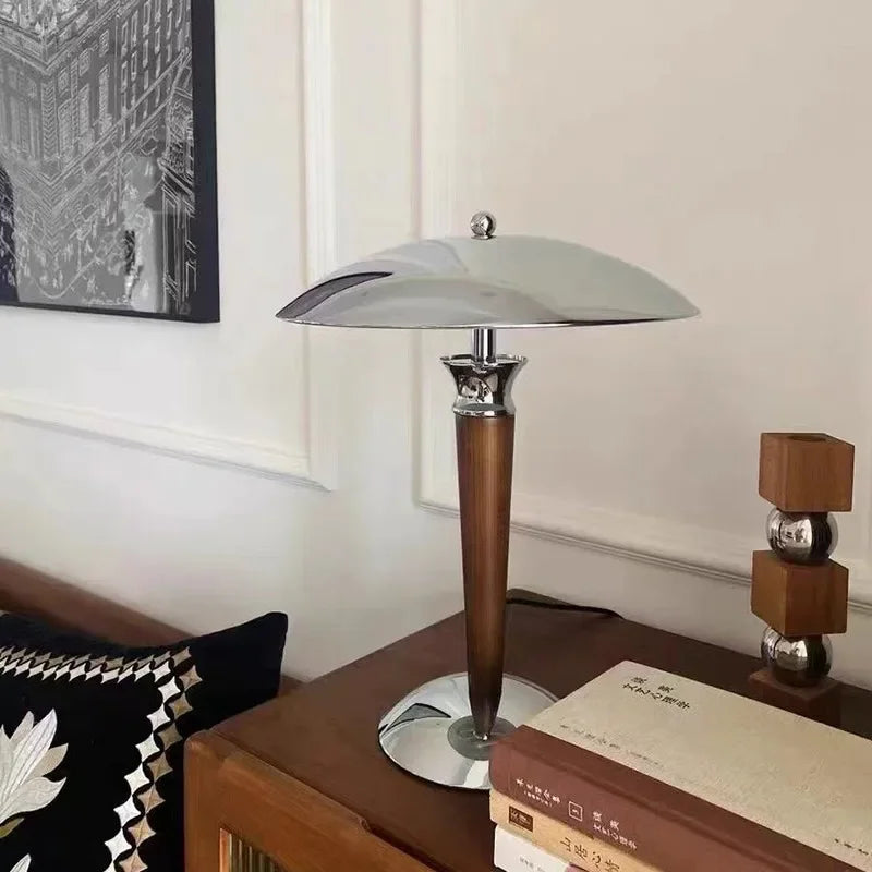 Nordic Wooden Desk Lamp with Chrome Shade