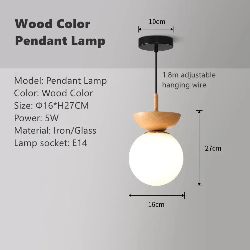 Nordic Round LED Ceiling Light with Wood Grain and Glass Shade