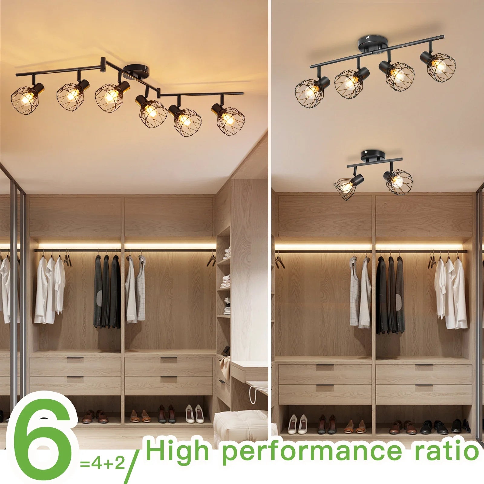 Rotatable 6-Way LED Ceiling Light - Black/White Metal Cage E14