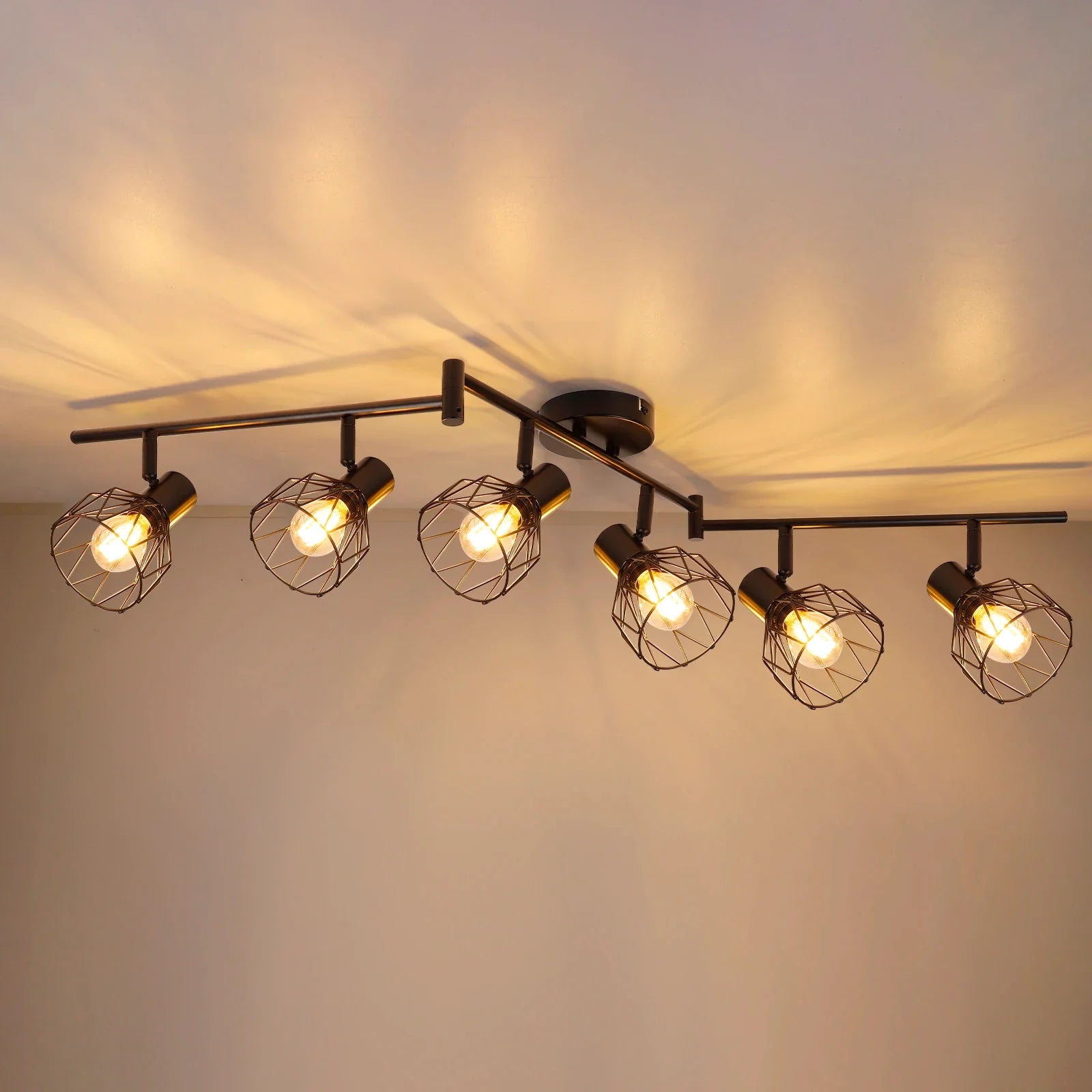 Rotatable 6-Way LED Ceiling Light - Black/White Metal Cage E14