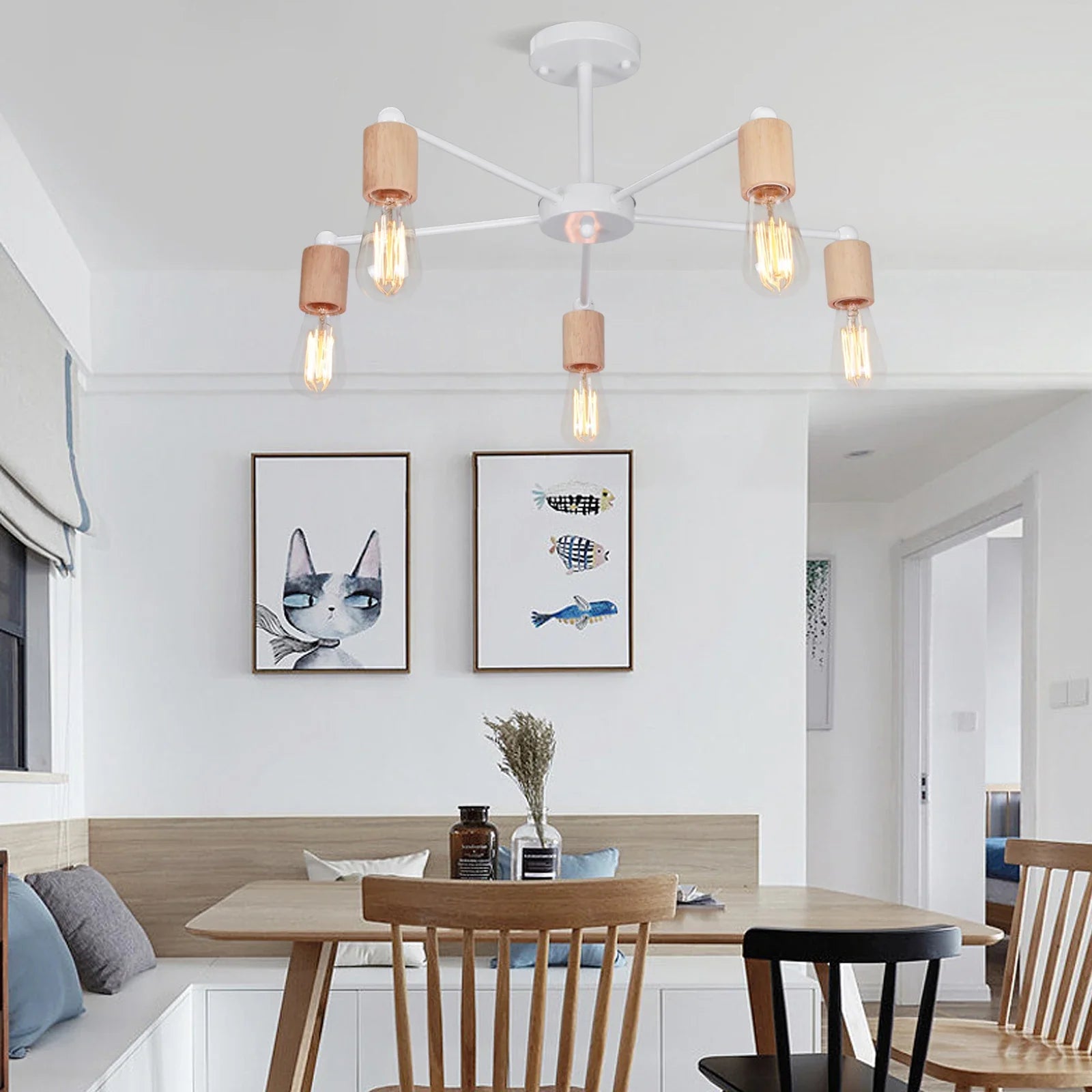 Modern Wood and Iron Sputnik Industrial Chandelier