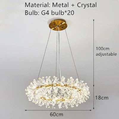 Adjustable Round Clear Crystal LED Pendant Light with Gold Wire