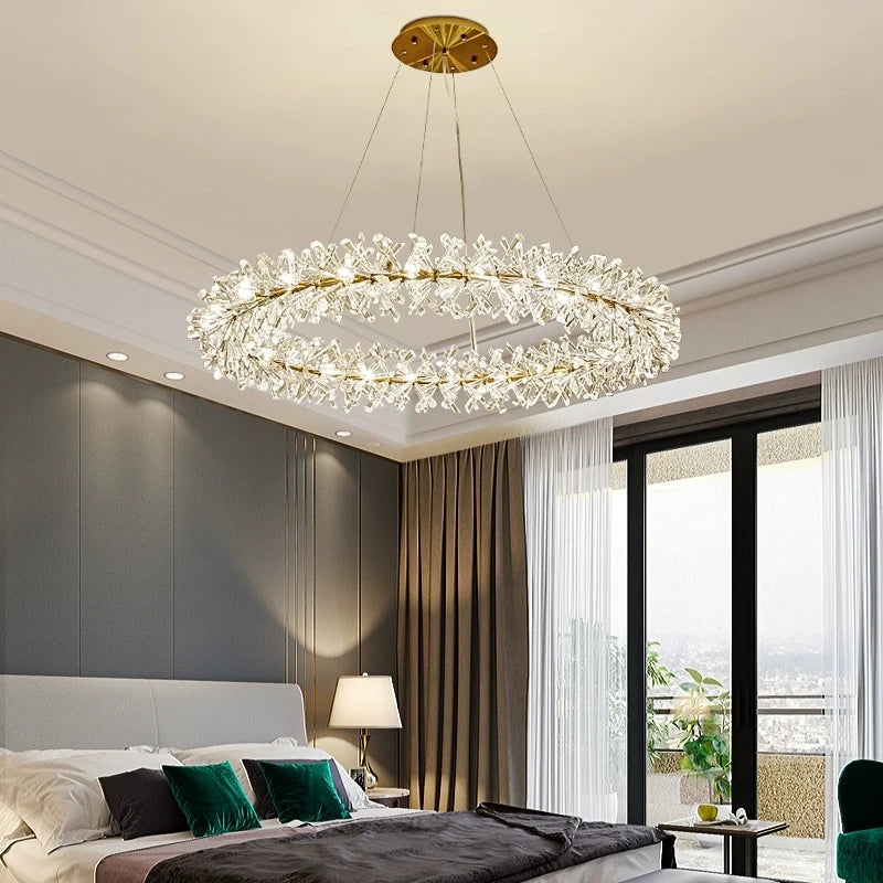 Adjustable Round Clear Crystal LED Pendant Light with Gold Wire