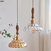 Vintage LED Pendant Light with Wooden Handle and Glass Shade