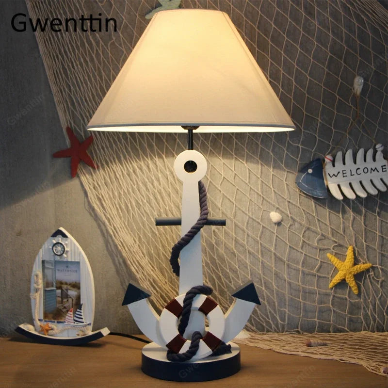 Wooden Desk Lamp with Anchor for Kids' Room Decor
