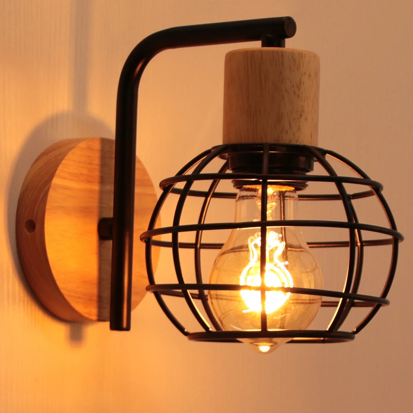 Vintage Wood Wall Sconce with E27 Lampshade for Bedroom, Living Room, Restaurant & Bar