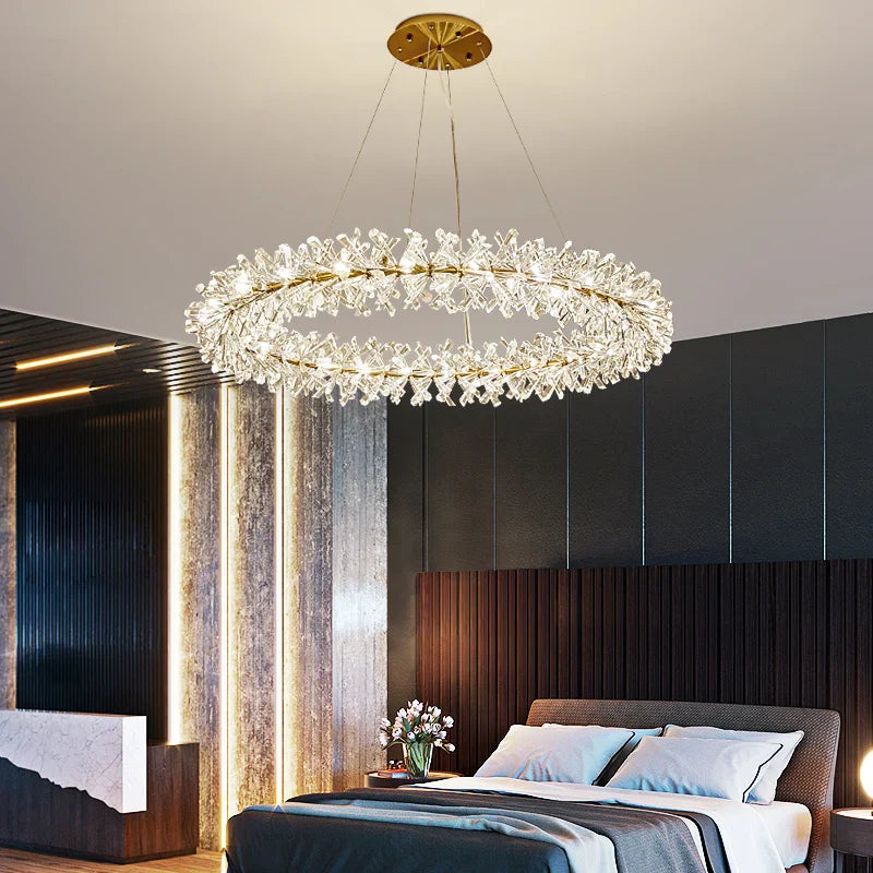 Adjustable Round Clear Crystal LED Pendant Light with Gold Wire