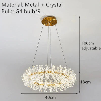 Adjustable Round Clear Crystal LED Pendant Light with Gold Wire