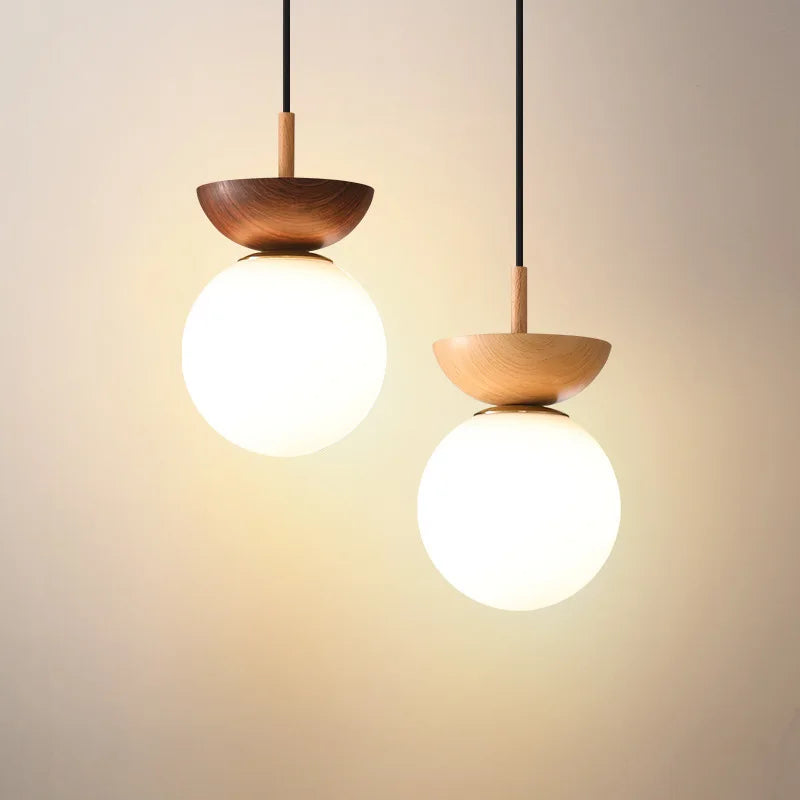 Nordic Round LED Ceiling Light with Wood Grain and Glass Shade