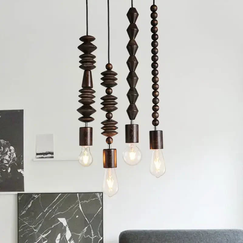 Retro Oak Wood Suspension with Geometric Beads