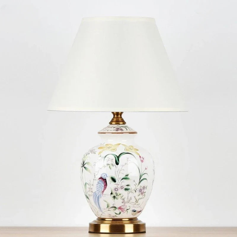 Vintage Ceramic Desk Lamp with Floral and Bird Patterns