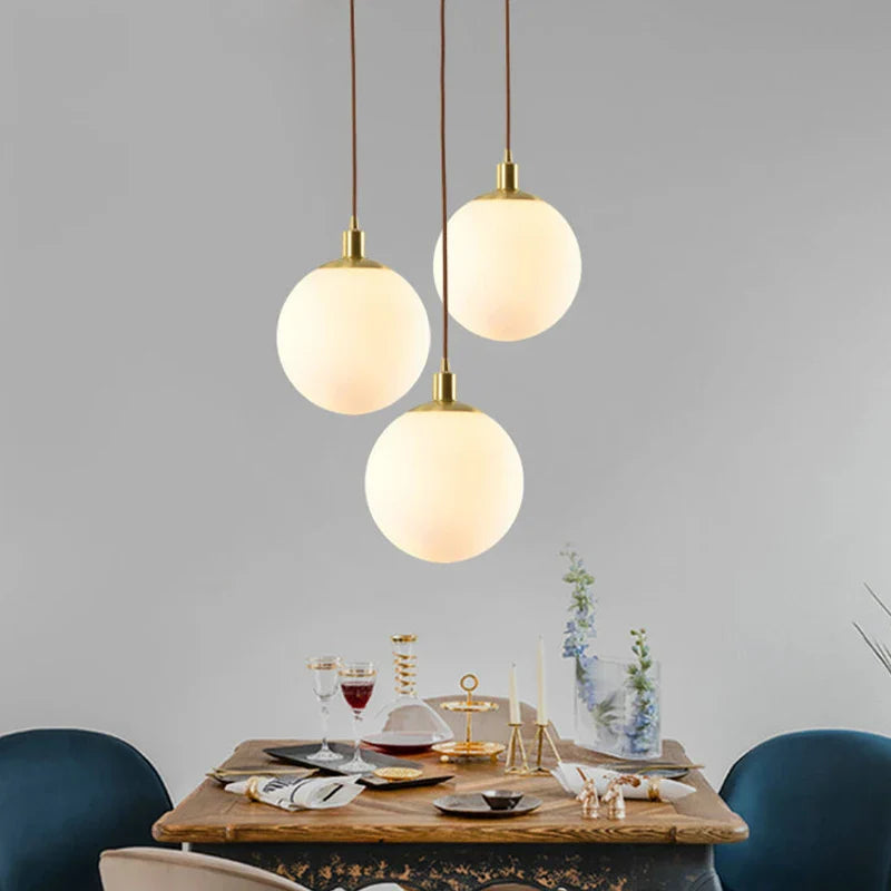 Minimalist Brass Suspension Light with Milky Glass Orb