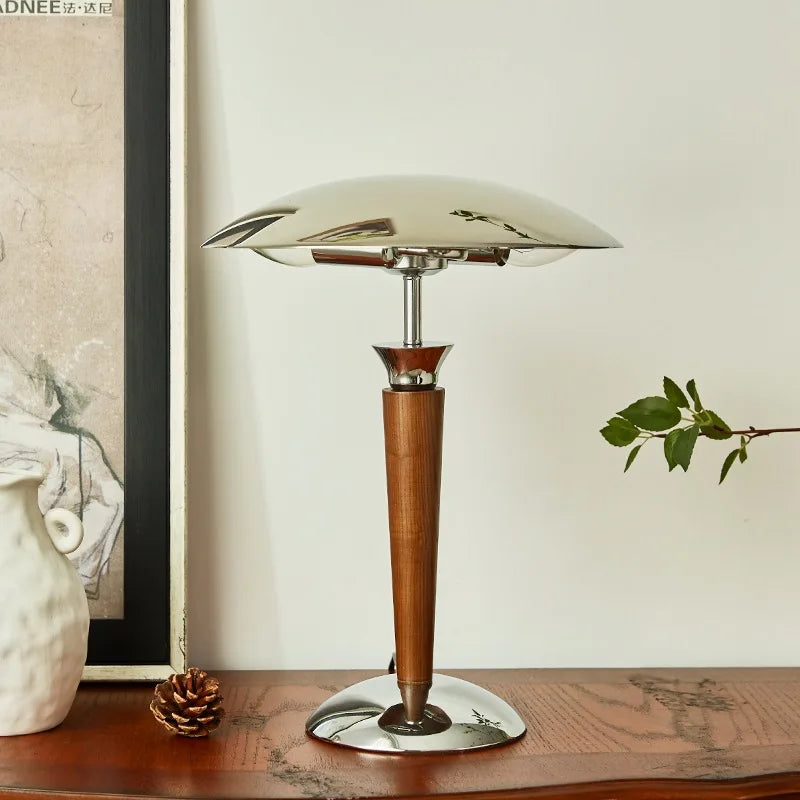 Nordic Wooden Desk Lamp with Chrome Shade