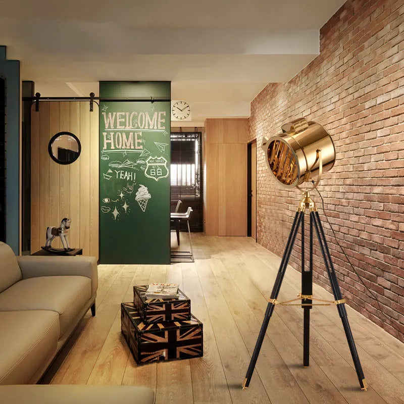 Creative Silver-Gold Industrial Wooden Tripod Floor Lamp