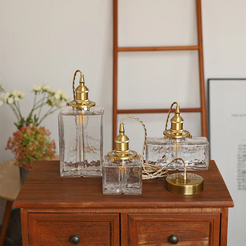 Vintage Glass Square Pendant Light with LED Shade for Dining Room and Bedroom