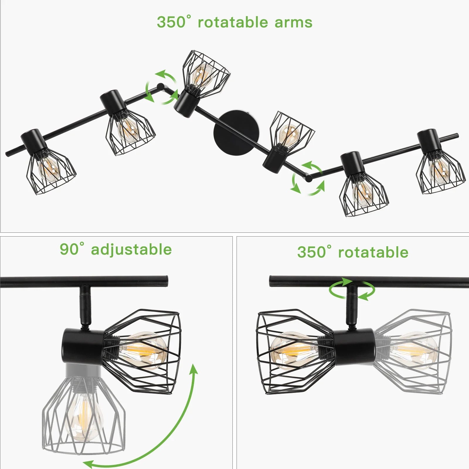 Rotatable 6-Way LED Ceiling Light - Black/White Metal Cage E14