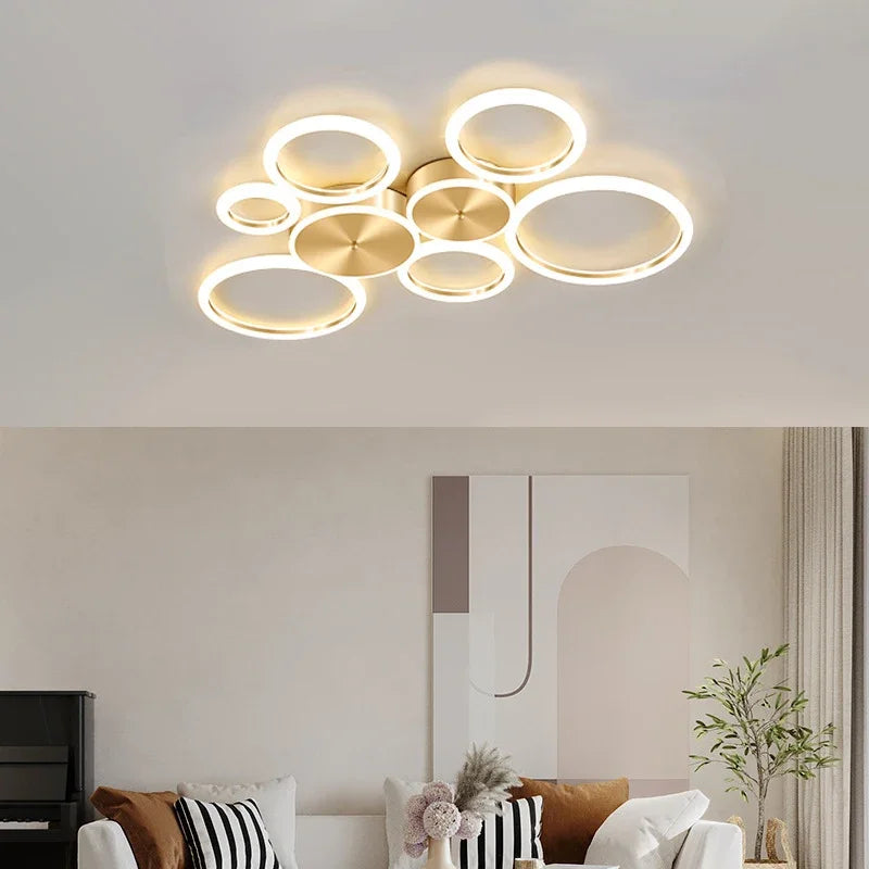 Modern LED Ceiling Light Fixture - Simple Aluminum Chandelier for Living Room, Bedroom, Dining Room - Golden Circle Rings Ceiling Light
