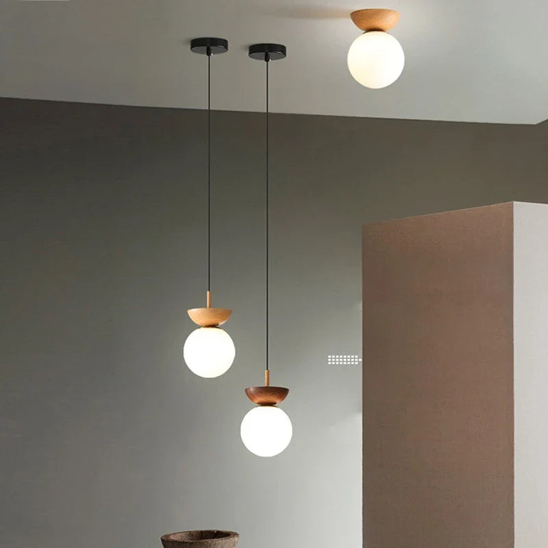 Nordic Round LED Ceiling Light with Wood Grain and Glass Shade